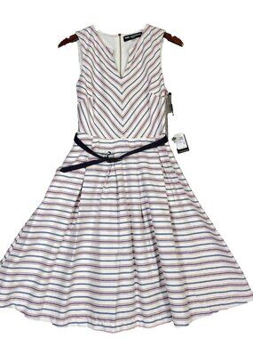 Karl Lagerfeld Dress Women's 6 White Blue Striped A-Line Belted 4th of July NWT